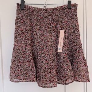 Aqua Black and Pink Floral Ruffle Mini Skirt